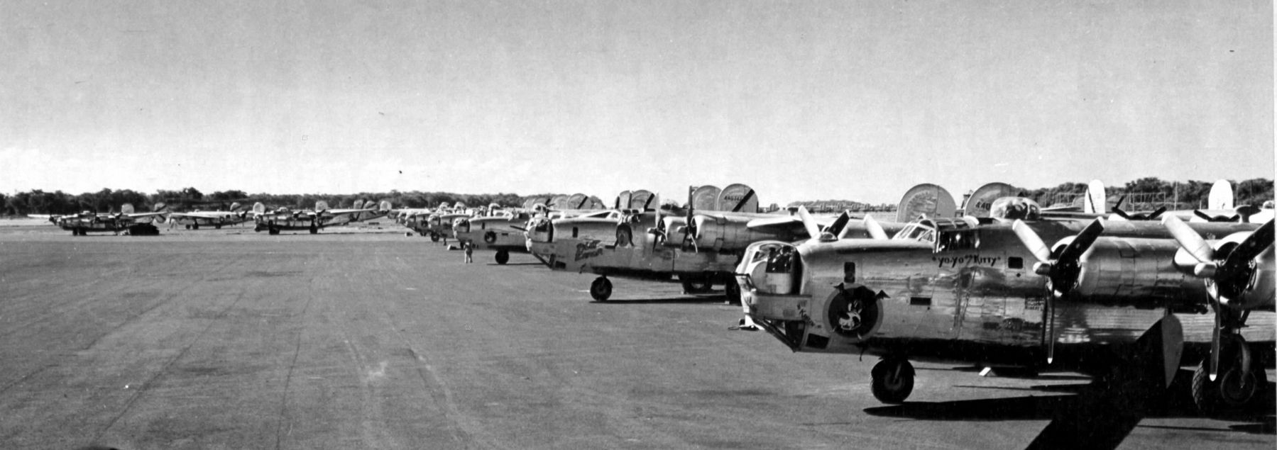 B-24 Liberator bombers of the 494th Bomb Group at Barking Sands Airstrip, Kauai, Hawaii. image. Click for full size.