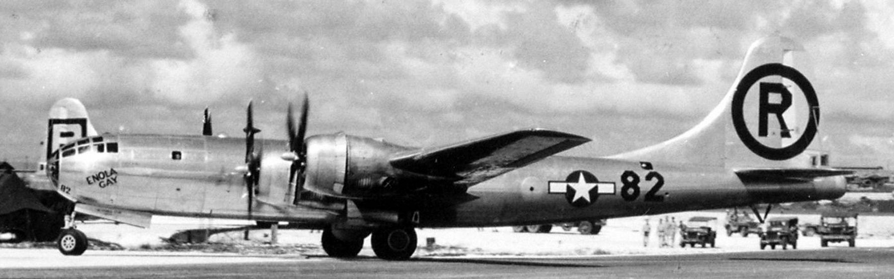 Enola Gay after Hiroshima mission, entering hardstand. image. Click for more information.