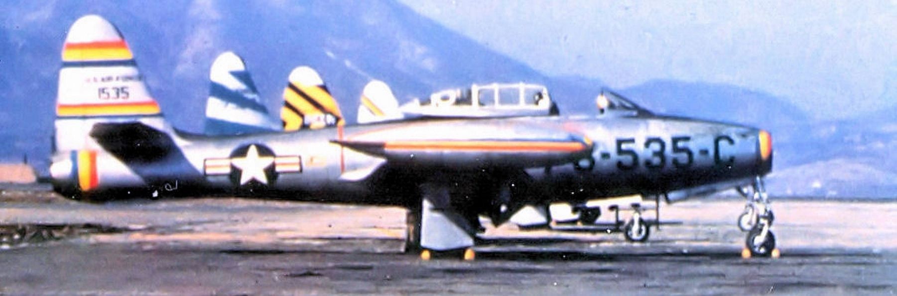 69th Fighter Squadron F-84E Thunderjet (s/n 51-535) Taegu Air Base (K-2), South Korea, 1952 image. Click for full size.