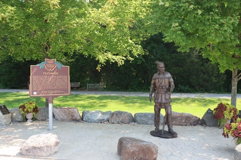 Tecumseh / Shawnee Prophet's Town Marker with statue image. Click for full size.
