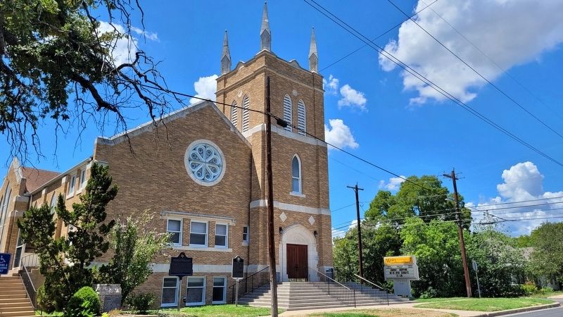 The view of the Lynching in Travis County Marker in front of Wesley United Methodist Church image. Click for full size.