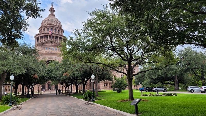 The Capitol of 1852-53 Marker with the Texas State Capitol in the background image. Click for full size.