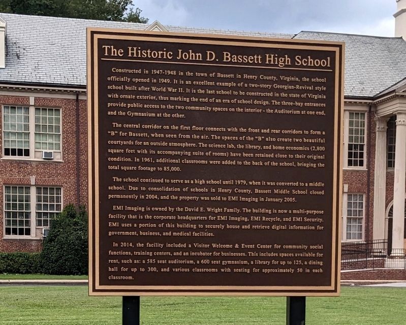 The Historic John D. Bassett High School Marker image. Click for full size.