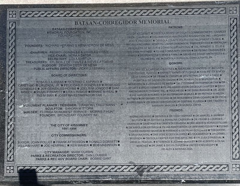 Bataan-Corregidor Memorial dedication/contributor plaque image. Click for full size.