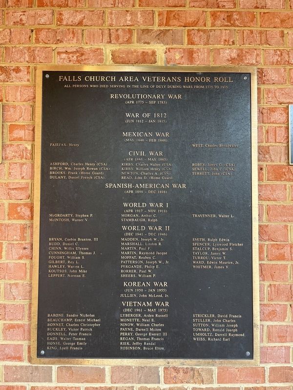 Falls Church Area Veterans Honor Roll Marker image. Click for full size.