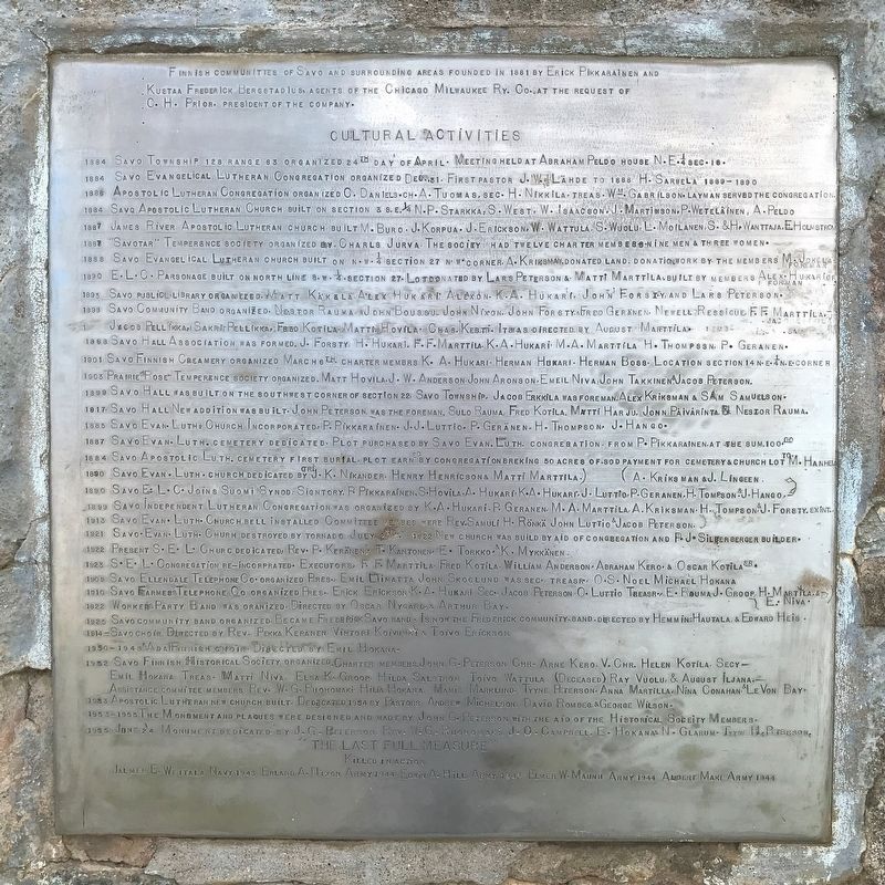 In Memory of the Finnish Pioneers Marker <i>(west side)</i> image. Click for full size.