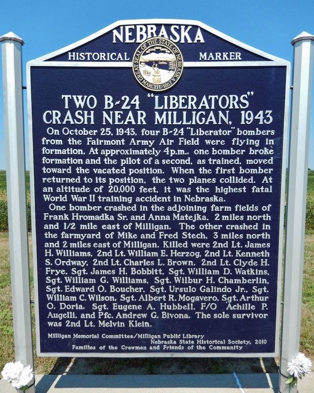 Two B-24 "Liberators" Crash Near Milligan, 1943 Marker. Click for full size. Two B-24 "Liberators" Crash Near Milligan, 1943 Marker image. Click for full size.