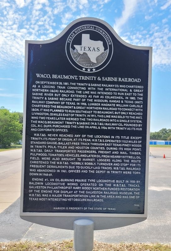Waco, Beaumont, Trinity & Sabine Railroad Marker image. Click for full size.