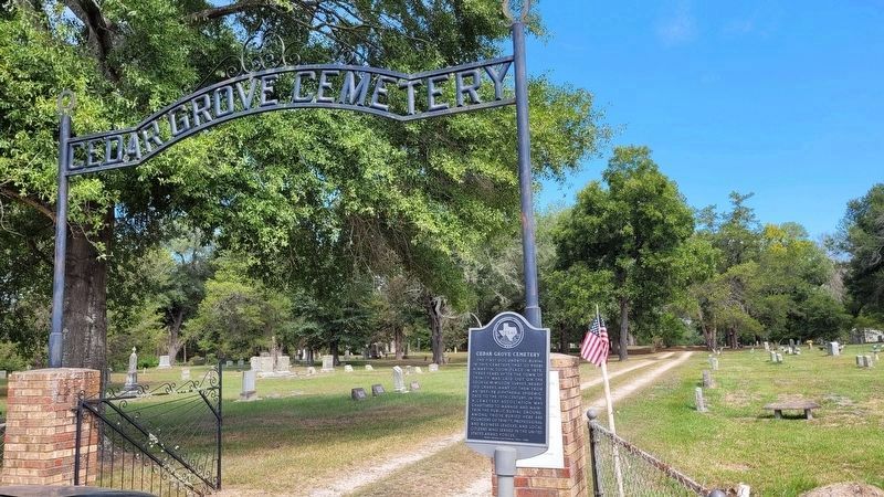 The entrance to the Cedar Grove Cemetery with the marker image. Click for full size.