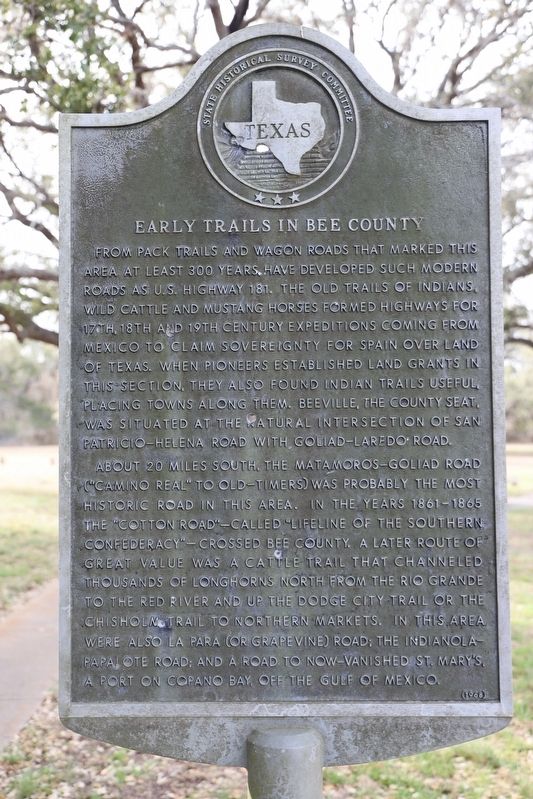 Early Trails in Bee County Marker. Click for full size. Early Trails in Bee County Marker image. Click for full size.