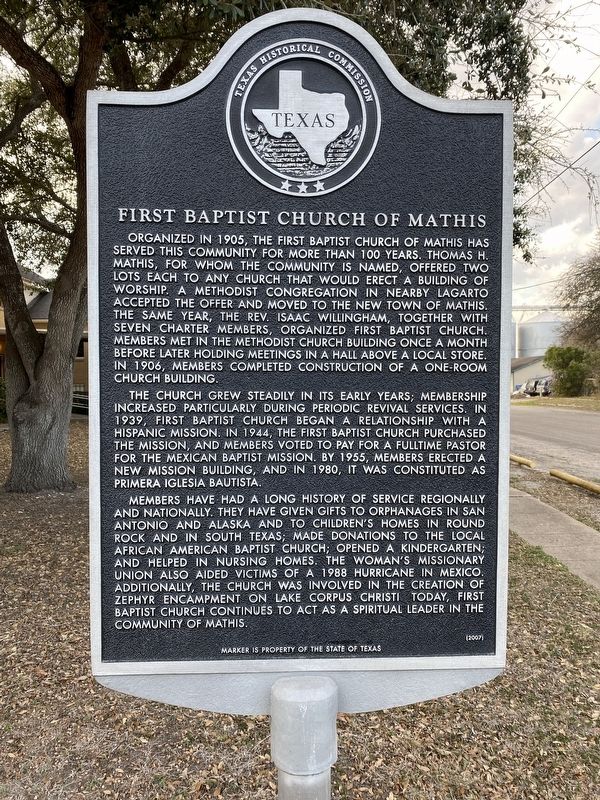 First Baptist Church of Mathis Marker image. Click for full size.