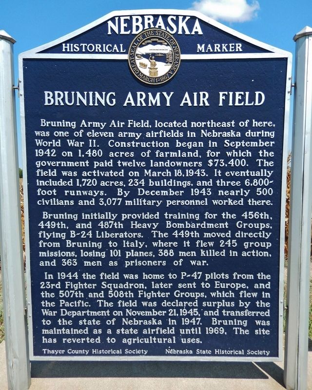 Bruning Army Airfield Marker image. Click for full size.