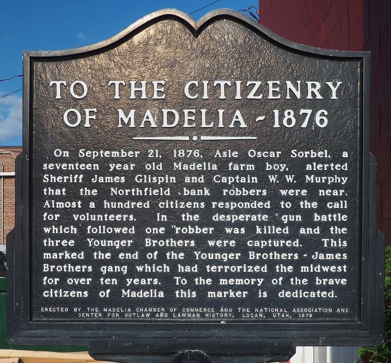 To the Citizenry of Madelia  1876 Marker image. Click for full size.