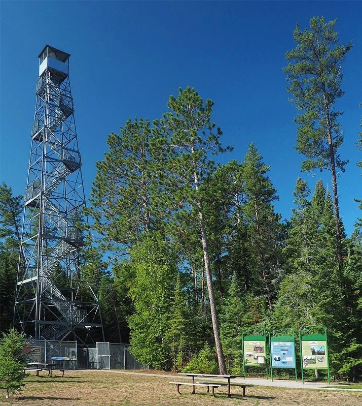 Marker near the fire tower at Big Bog State Recreation Area image. Click for full size.