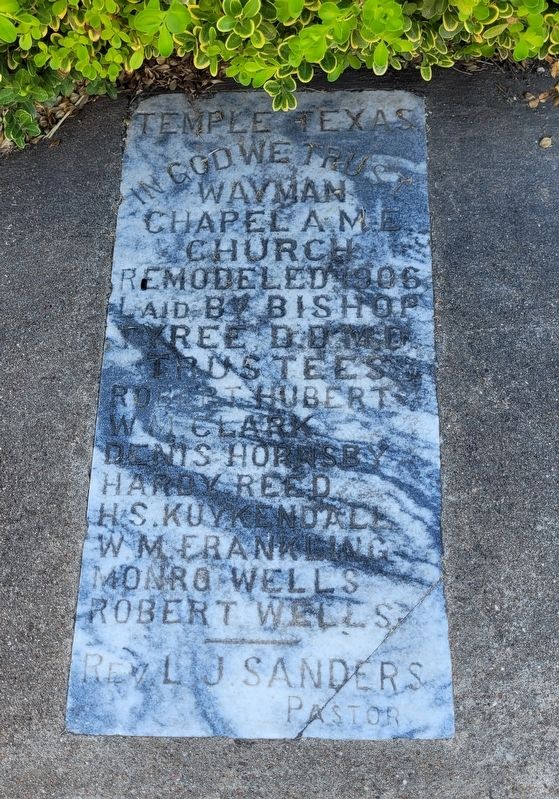 Early Wayman Chapel A.M.E. Church Plaque on ground in front of THC marker. Click for full size. Early Wayman Chapel A.M.E. Church Plaque on ground in front of THC marker image. Click for full size.