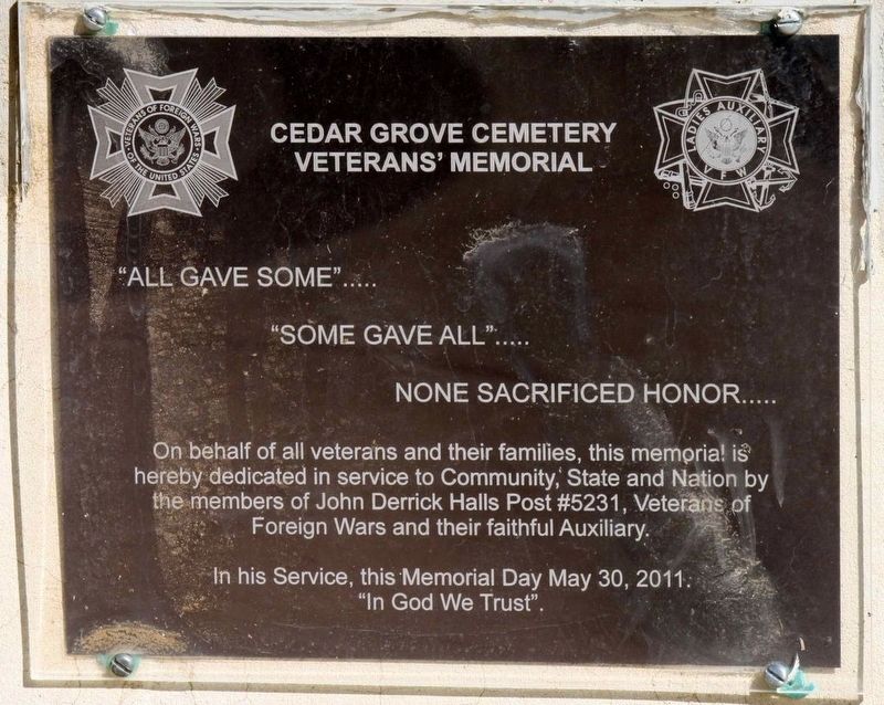 Cedar Grove Cemetery Veterans' Memorial plaque image. Click for full size.