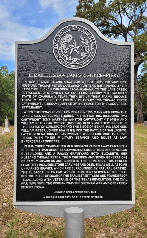 Elizabeth Shaw Cartwright Cemetery Marker. Click for full size. Elizabeth Shaw Cartwright Cemetery Marker image. Click for full size.