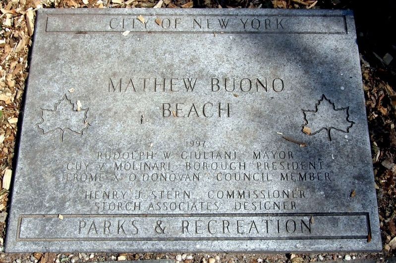 Matthew Buono Beach dedication plaque from NYC Parks. Click for full size. Matthew Buono Beach dedication plaque from NYC Parks image. Click for full size.
