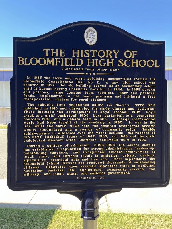The History of Bloomfield High School Marker (Back) image. Click for full size.