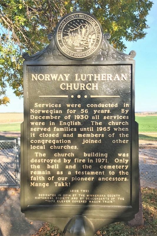 Norway Lutheran Church Marker (Side two). Click for full size. Norway Lutheran Church Marker (Side two) image. Click for full size.