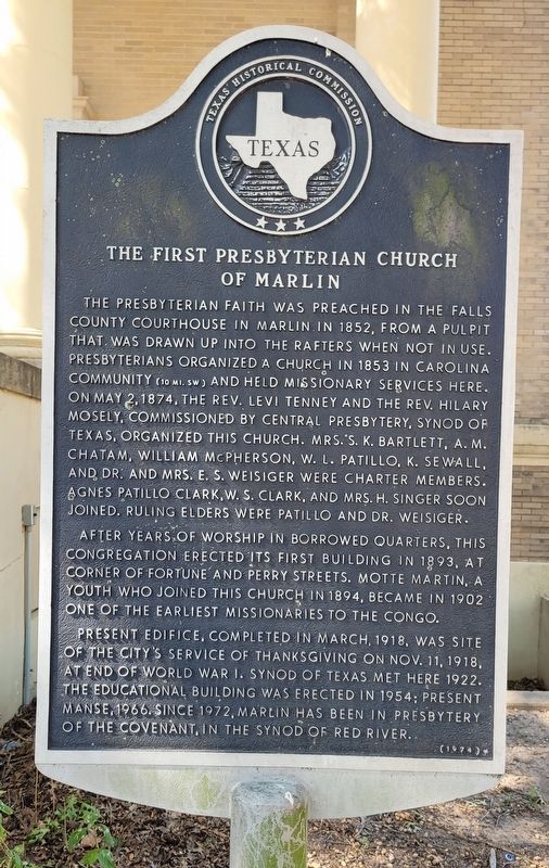 The First Presbyterian Church of Marlin Marker image. Click for full size.