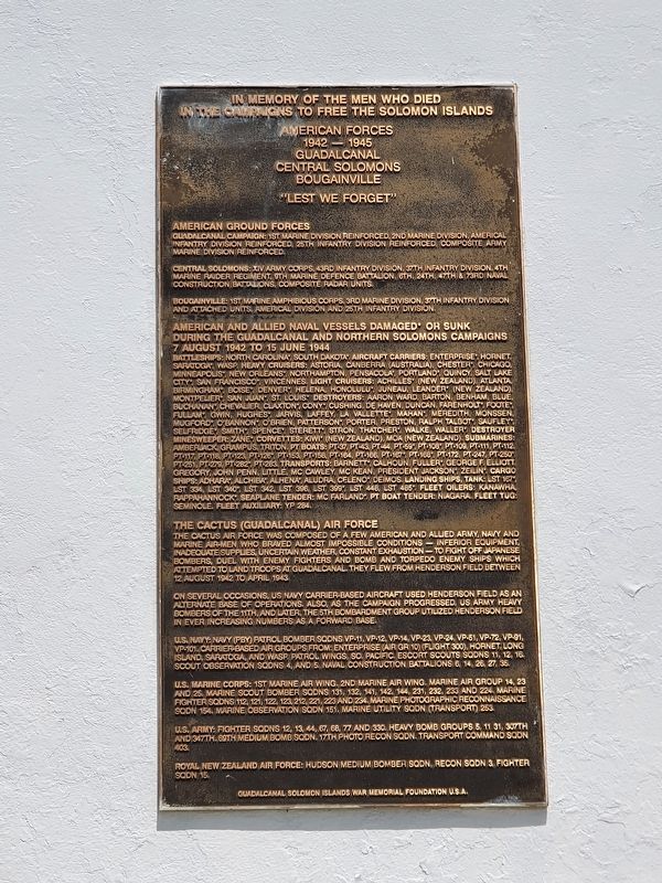 Campaigns to Free the Solomon Islands Memorials Marker. Click for full size. Campaigns to Free the Solomon Islands Memorials Marker image. Click for full size.