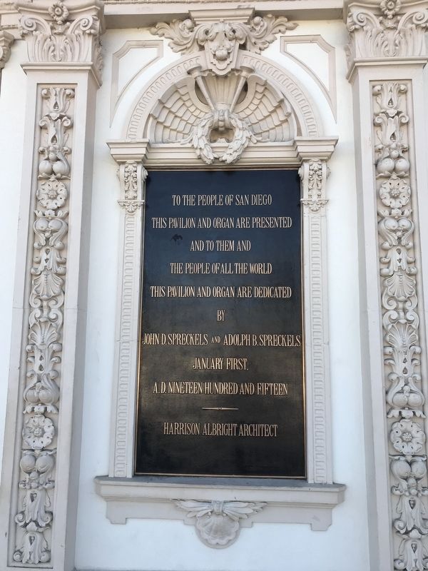 Spreckels Organ and Pavilion Dedication Plaque image. Click for full size.