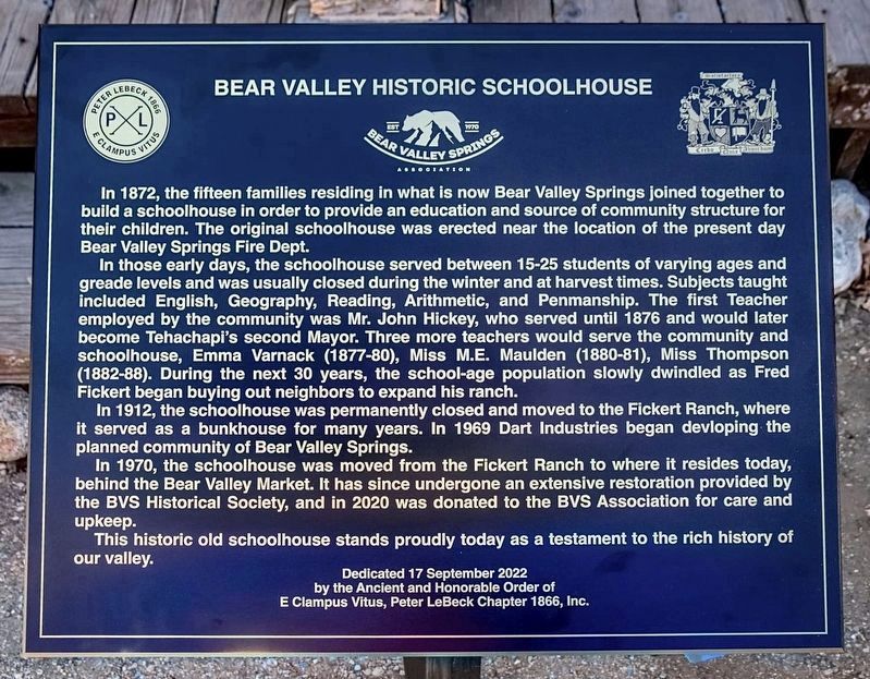 Bear Valley Historic Schoolhouse Marker image. Click for full size.