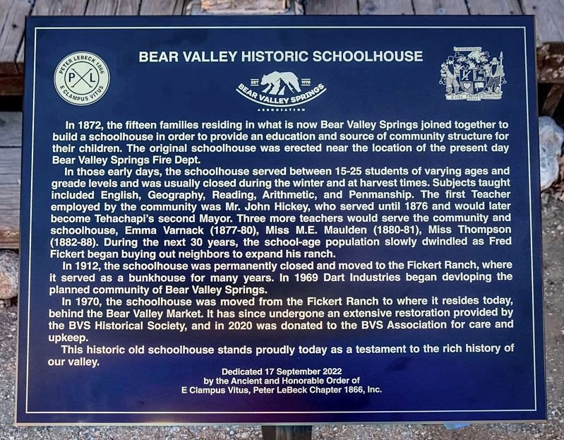 Bear Valley Historic Schoolhouse Marker. Click for full size. Bear Valley Historic Schoolhouse Marker image. Click for full size.