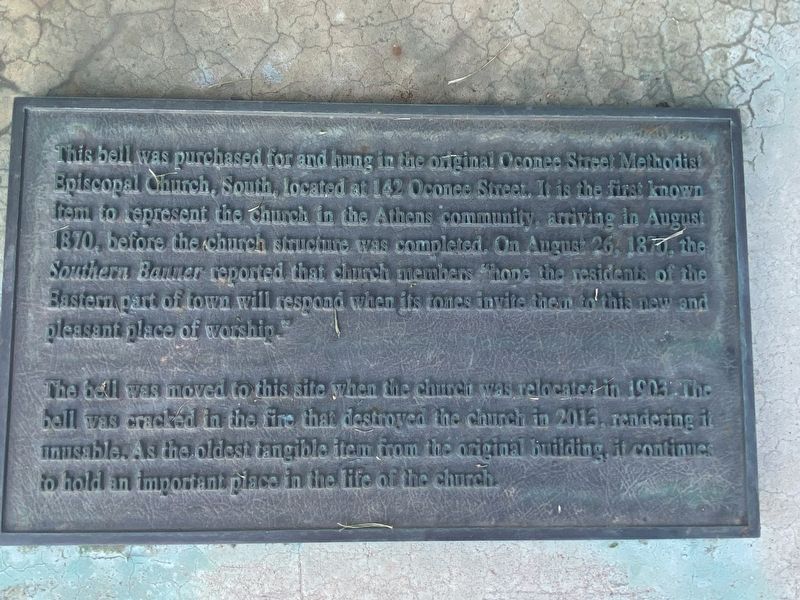 Original Oconee Street Methodist Episcopal Church bell Marker. Click for full size. Original Oconee Street Methodist Episcopal Church bell Marker image. Click for full size.