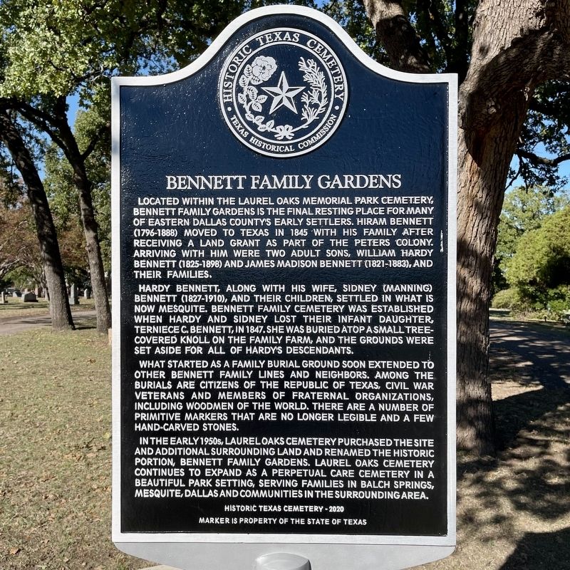 Bennett Family Gardens Historic Texas Cemetery Marker image. Click for full size.