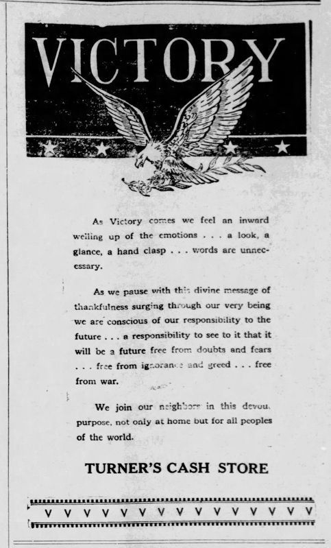 Turner's Cash Store, August 1945 Victory Notice image. Click for full size.