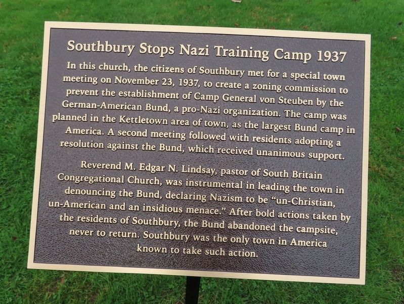 Southbury Stops Nazi Training Camp Marker. Click for full size. Southbury Stops Nazi Training Camp Marker image. Click for full size.