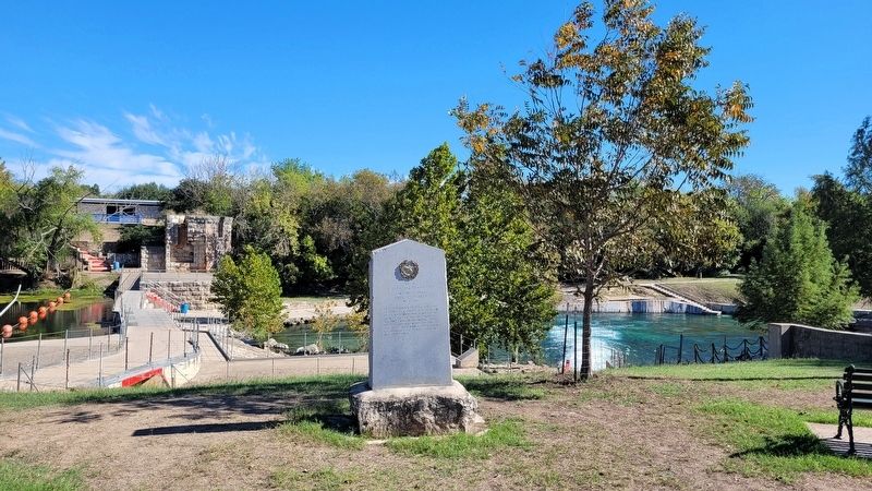 The view of the Site of an Early Mill and Factory Marker next to the Comal River.. Click for full size. The view of the Site of an Early Mill and Factory Marker next to the Comal River. image. Click for full size.