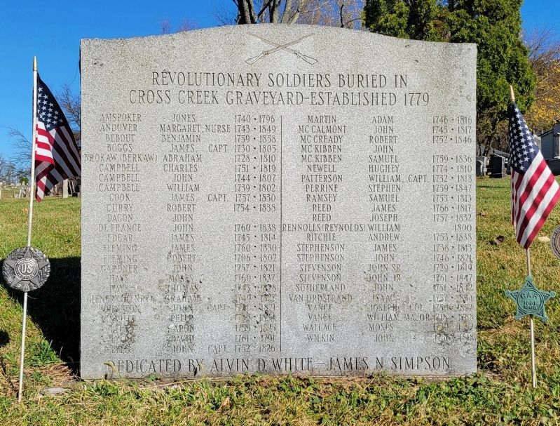 Revolutionary War Soldiers Buried in Cross Creek Graveyard - Established 1779 Marker image. Click for full size.