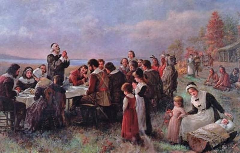 "The First Thanksgiving at Plymouth" by Jennie Brownscombe image. Click for full size.