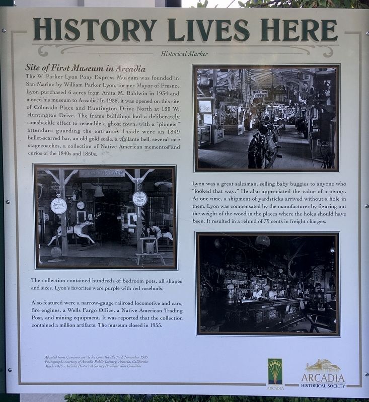 Site of First Museum in Arcadia Marker image. Click for full size.