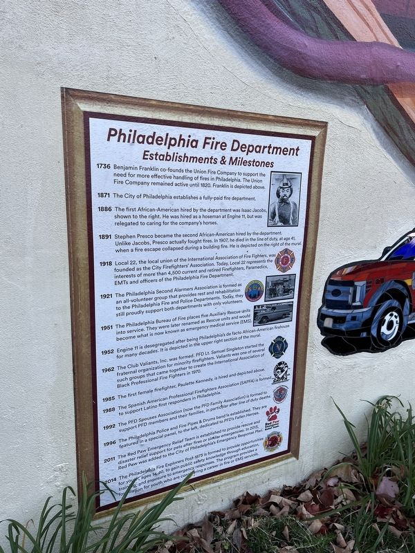 <i>History of the Philadelphia Fire Department Mural Project</i> Marker image. Click for full size.