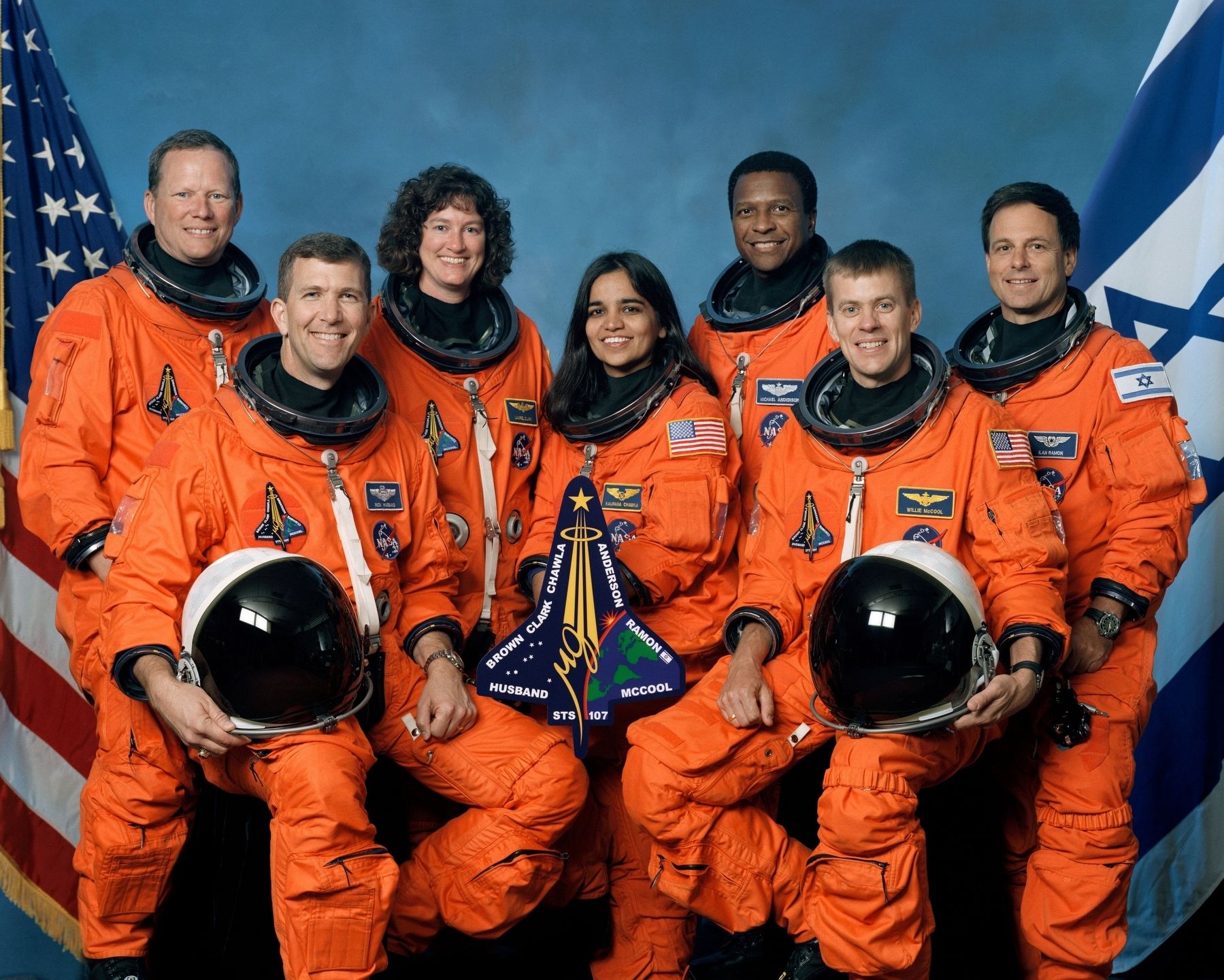 The crew of the final ill-fated flight of the Space Shuttle Columbia, mission STS-107 image. Click for full size.