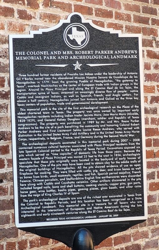 The Colonel and Mrs. Robert Parker Andrews Memorial Park and Archeological Landmark Marker image. Click for full size.
