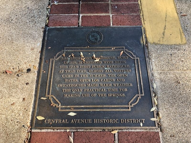 Hot Springs' First Bathhouse Marker. Click for full size. Hot Springs' First Bathhouse Marker image. Click for full size.