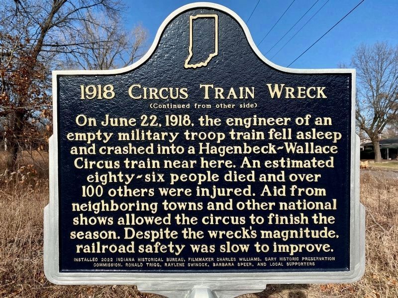 1918 Circus Train Wreck side of the marker image. Click for full size.