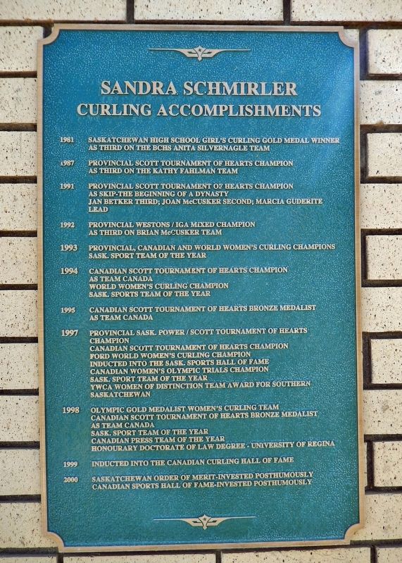 Sandra Schmirler Curling Accomplishments Marker. Click for full size. Sandra Schmirler Curling Accomplishments Marker image. Click for full size.