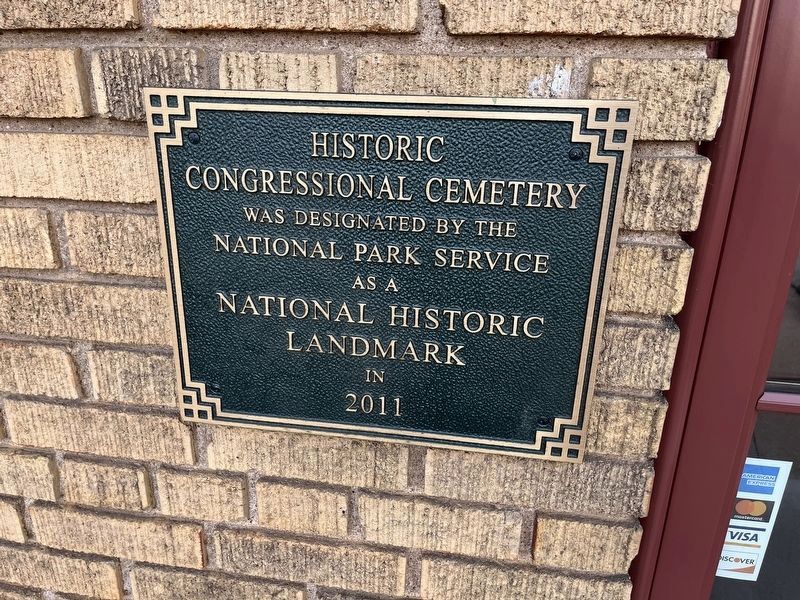 National Historic Landmark plaque for Historic Congressional Cemetery. Click for full size. National Historic Landmark plaque for Historic Congressional Cemetery image. Click for full size.