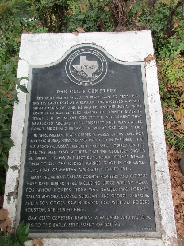 Oak Cliff Cemetery Marker. Click for full size. Oak Cliff Cemetery Marker image. Click for full size.