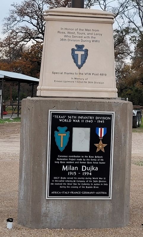 The 36th Division Memorial is top marker of the two markers image. Click for full size.