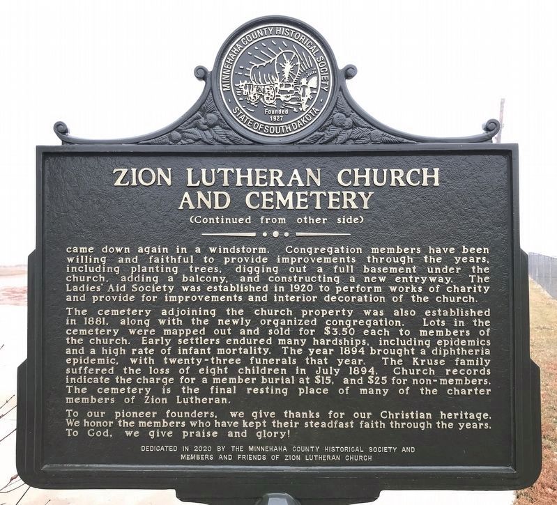 Zion Lutheran Church and Cemetery Marker, Side Two image. Click for full size.