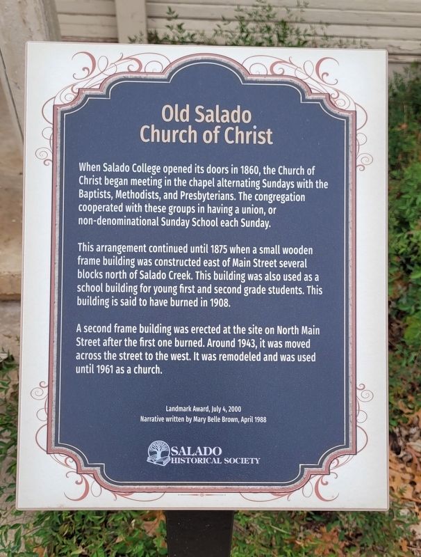 Old Salado Church of Christ Marker. Click for full size. Old Salado Church of Christ Marker image. Click for full size.