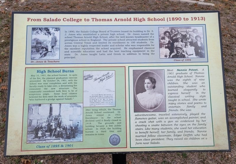 From Salado College to Thomas Arnold High School (1890 to 1913) Marker image. Click for full size.