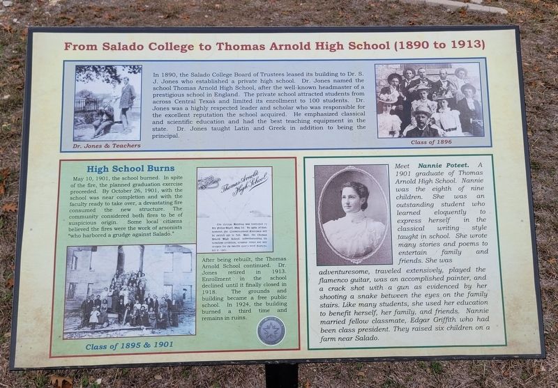 From Salado College to Thomas Arnold High School (1890 to 1913) Marker. Click for full size. From Salado College to Thomas Arnold High School (1890 to 1913) Marker image. Click for full size.